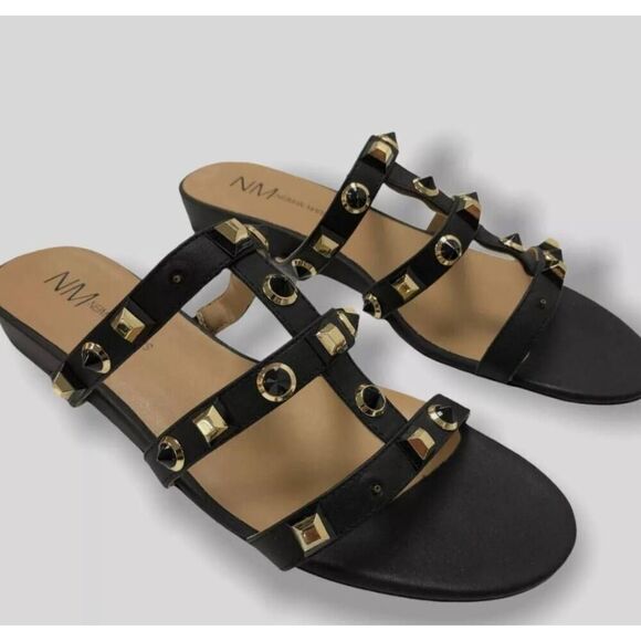 Neiman Marcus Black Buzzy Studded Gladiator  Slide Sandal size 5.5 M - Picture 1 of 9